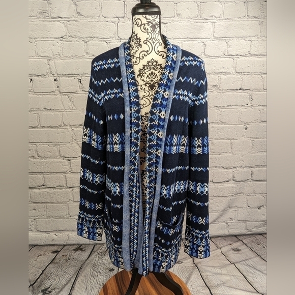 BCBGMaxazria womens long sleeve stretch knit geo print sweater pockets sz L b12a - Picture 1 of 11